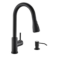 Kicimpro Black Kitchen Sink Faucet with Soap Dispenser, 3 Modes Black Kitchen Faucet with Pull Down Sprayer and Soap Dispenser, 304 Stainless Matte Black Single Handle Kitchen Faucets with Water Lines