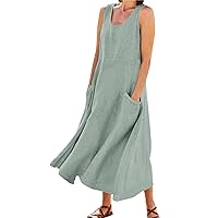 Womens Vacation Outfits Linen Dresses for Women 2024 Solid Color Classic Casual Loose Fit with Sleeveless U Neck Pockets Dress Mint Green Small