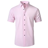 Mens Short Sleeve Dress Shirts 2024 Wrinkle Free Solid Casual Button Down Shirts Regular Fit Business Formal Shirt