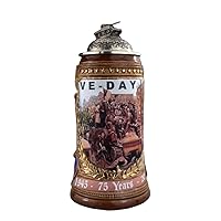 King German Beer 75 Years VE-Day Stein, 0.75 liter tankard, beer mug with liberation motifs, gold color hand-painting, pewter lid with Sherman-Tank figurine