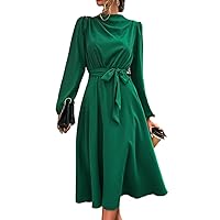 2023 Summer Women's Dress Mock Neck Lantern Sleeve Belted Dress (Color : Dark Green, Size : Large)