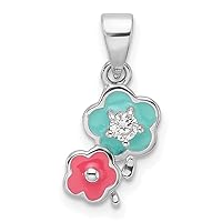 JewelryWeb 925 Sterling Silver Rhodium Plated CZ Cubic Zirconia Simulated Diamond Enamel Flowers for boys or girls Pendant Necklace Measures 17.35x7mm Wide 3.15mm Thick
