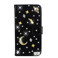 Crystal Wallet Phone Case Compatible with iPhone 12 Mini - Moon Plant - Black - 3D Handmade Sparkly Glitter Bling Leather Cover with Screen Protector & Neck Strip Lanyard