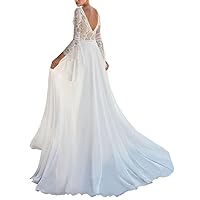 A-Line Boho Open Back Elegant Wedding Dresses V Neck Sweep-Brush Train Long Sleeve Bridal Gown Appliques 2024