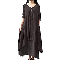 Womens Cotton Linen High-Low Dress Half Sleeve Crewneck Button Maxi Dress Summer Casual Loose Dressy Shirt Dresses