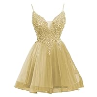Women's Lace Appliques Homecoming Dresses for Teens Tulle Spaghetti Strap Short Prom Dress A Line Cocktail Dress A-Yellow