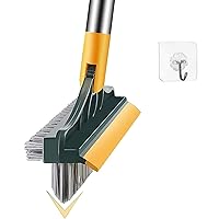 3 in 1 Floor Brush Scrubber with Long Handle Grout Brush Scrape Stiff Bristle Cleaning Scrub Brush with Squeegee 180°Rotating Tile Brush for Cleaning Bathroom Glass Patio Kitchen - Green