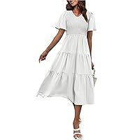 Women's Holiday Dress 2023 Casual Summer V Neck Short Sleeve High Waist Ruffle Tiered A Line Midi Dress, S-2XL