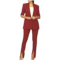 Women Pu Faux Leather 2 Piece Outfits Lapel Button Smocked Cuffs Short Sleeve Blazer Jacket Top Slit Flare Pants Sets