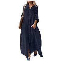 Fall Winter Long Sleeve Maxi Dress for Women,Casual Button Down Plus Size Sexy V Neck Flowy Elegant Linen Long Dress