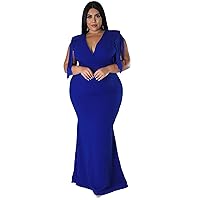 Womens Sexy Plus Size V-Neck Sleeveless Tassel Solid Color Maxi Dress Nightclub Clubwear Dress