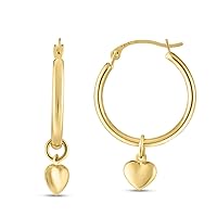 14k Yellow Gold Shiny Round Hoop With Small Puff Love Heart Fashion Earrings With Hinged Clasp Jewelry for Women