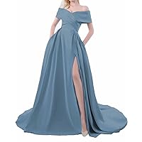 Women's Satin A Line Prom Dresses Off The Shoulder Long Formal Evening Gowns with Slit