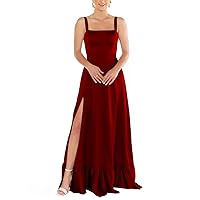 Satin Bridesmaid Dresses with Slit Spaghetti Straps Ruffles Wedding Guest Dresses Sleevelss A Line Formal Party Gowns