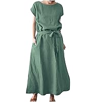 Women's Long Summer Linen Dress, Cap Sleeve Maxi Dresses for Women 2023 Trendy Bohemian Dresses Crewneck Sundresses