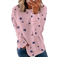 SHEWIN Womens Casual Fashion Crewneck Sweatshirt Loose Star Printed Long Sleeve Tee Shirts Lightweight Soft Oversized Sweatshirts Pullover Tops Shirt,US 4-6(S),Pink