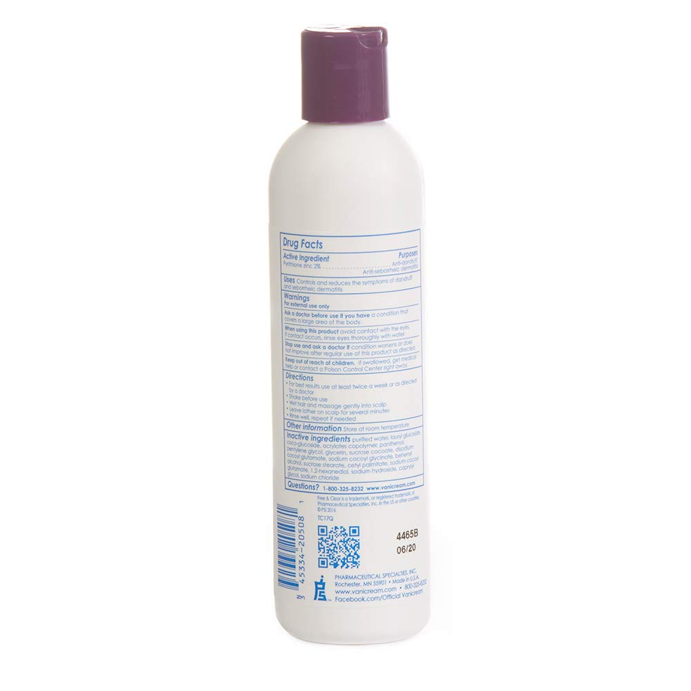 Vanicream Free & Clear Medicated AntiDandruff Shampoo Maximum OTC Strength Zinc Pyrithione 2%, Pyrithione zinc, Unscented, 8 Fl Oz