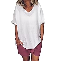 Women Plus Size Curved Hem Classic Cotton Linen T-Shirts Summer Short Sleeve Crewneck Casual Loose Fit Tee Tops