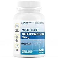 Puregen Labs Mucus Relief 12 Hour Extended Release Guaifenesin 600mg High Potency | Value Size 200 Count | Chest Congestion Expectorant 600 mg Tablets