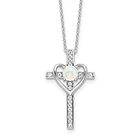 925 Sterling Silver Rhodium Plated Simulated Opal and Cubic Zirconia Religious Faith Cross With Love Heart Necklace 18 Inch Measures 16.1mm Wide Jewelry for Women