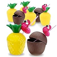 G.CORE 12PCS Pineapple Drink Cups Coconut Cups Hawaiian Luau Party Decorations Pineapple Cups with Lids Straws Flamingo Decal, Hawaii Bachelorette Birthday Aloha Party Supplies for Adults Kids Favors