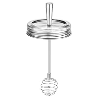 Mason Jar Lid with Honey Dipper, 1 PCS Regular Mouth Canning Lid and Ring for Ball or Kerr Jars, Stainless Steel Honey Stirrers Lid for Honey Pot Container, Honey Dispenser with Honeycomb Cover Band