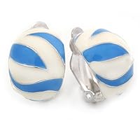 C Shape Light Cream/Light Blue Enamel Clip On Earrings In Silver Tone - 20mm L