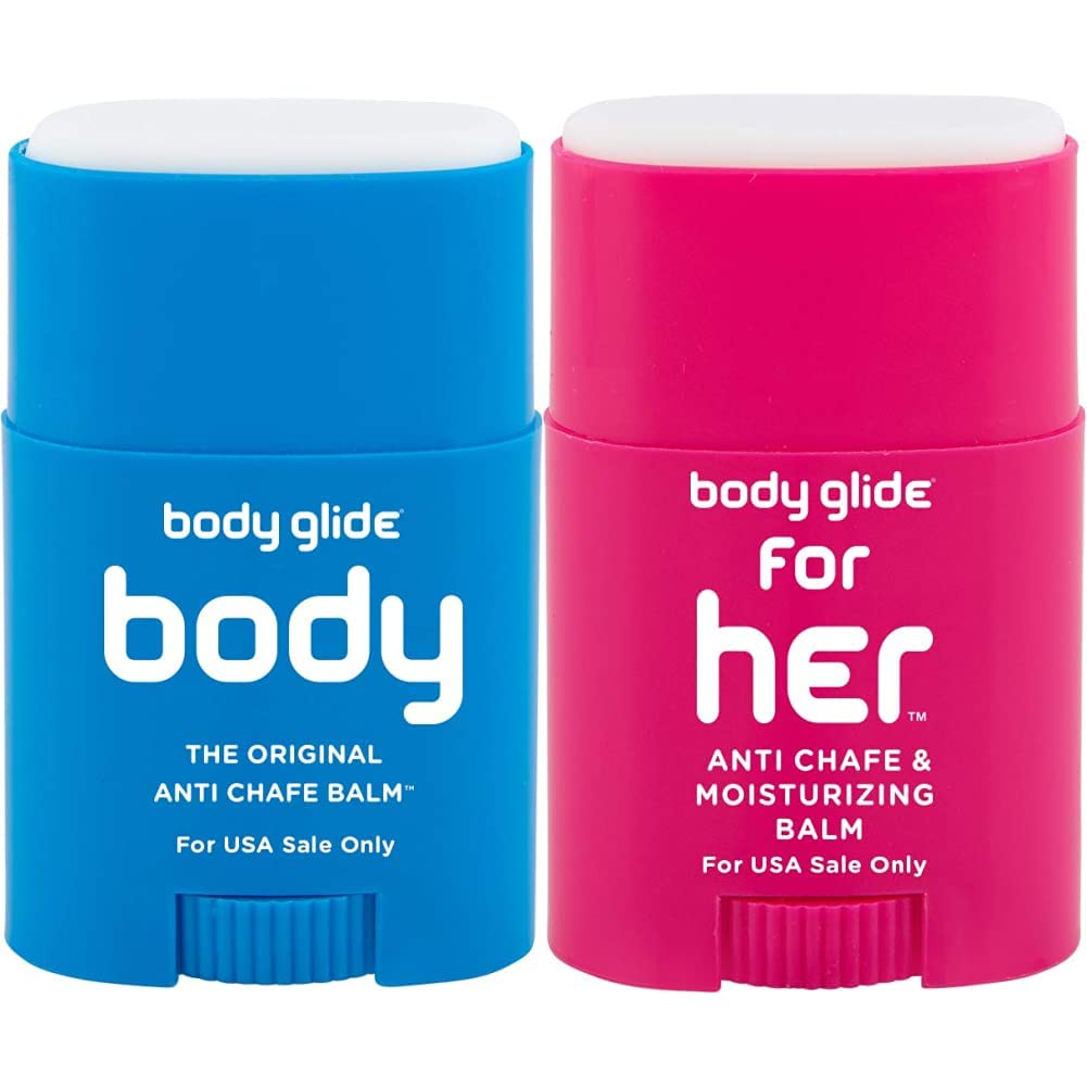 body glide Original Anti-Chafe Balm, 0.80oz & For Her Anti Chafe Balm: anti chafing stick with added emollients. Prevent rubbing leading to chafing, raw skin, and irritation. 0.8oz