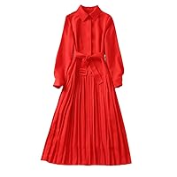 Spring Designer Lapel Collar Midi Shirt Dress Long Sleeve Women Pleated Red Party Dresses Elegant Robe