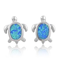 Sterling Silver Created Blue Opal Sea Turtle Stud Earrings