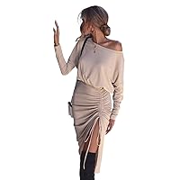 Dresses for Women - Batwing Sleeve Drawstring Split Thigh Dress (Color : Apricot, Size : X-Small)