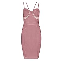 whoinshop Women's Rayon Strappy Bandage Party Dress with Nude Mesh Cut Panels (S, Pink)