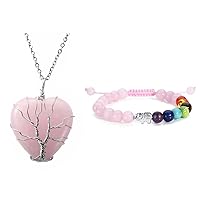 Top Plaza Bundle – 2 Items: Natural Rose Quartz Healing Crystal Necklace Heart Shape Stone Pendant & 7 Chakra Bead Bracelet Elephant Gifts Distance Couples Bracelets