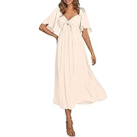 2024 Women's Dresses, V-Neck Ruffled Lace-Up Mid-Length Elegant and Comfortable High-Waisted A-Line Flowing Draped Hem Dress.