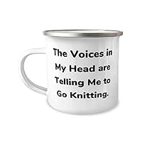 Unique Knitting Gifts, The Voices in My Head are Telling Me to Go, Knitting 12oz Camper Mug From Friends, Gifts For Friends, Knitting needles, Yarn, Crochet hooks, Patterns, Wool
