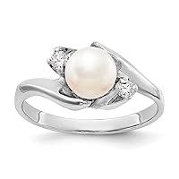 14k White Gold Polished Prong set 6mm Freshwater Cultured Pearl Diamond ring Size 6 Jewelry for Women
