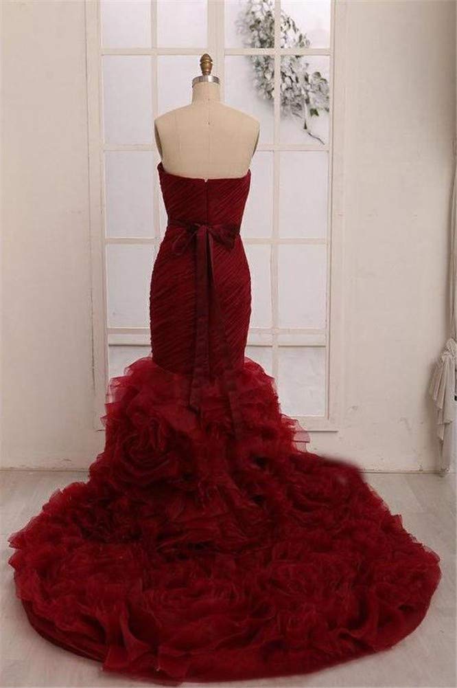 VeraQueen Women's Burgundy Mermaid Ruffles Evening Dress Sweetheart Organza Prom Dress Ball Gown