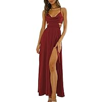 Women's Satin Cowl Neck Backless Maxi Dress Sexy Tie Back Spaghetti Strap Ruched Wedding Guest Slit Long Dresses