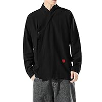 Chinese Traditional Dress Tai Coat Plus Size Black Uniform Cotton Linen Long Sleeve Shirt Top Men