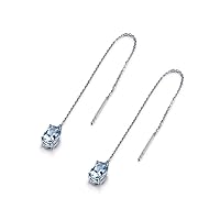 Aquamarine Threader Drop Dangle Earrings Oval Cut Solitaire Solid 14k White Gold Long Chain Natural Blue