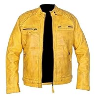 Men's Vintage Retro Style Motorcycle Quilted Biker Yellow Genuine Leather Jacket