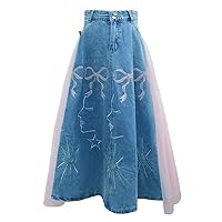 Women and Denim Patchwork Skirts High Elastic Waist Spring Autumn Jeans Embroidery