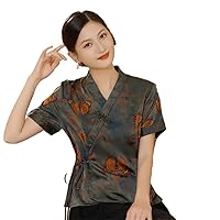 Traditional Chinese Print Flower Women Coat Tops Slim Shirt Silk Satin Blouse Classic Clothing Size