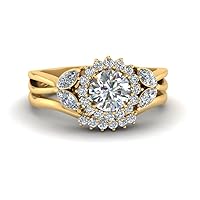 Choose Your Gemstone Flower Halo Split Shank Diamond CZ Ring Set yellow gold plated Round Shape Wedding Ring Sets Matching Jewelry Wedding Jewelry Easy to Wear Gifts US Size 4 to 12