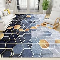 Gradient Blue Geometric Marble Texture Bedroom Rug, 4x6 Area Rug, Light Luxury Abstract Golden Honeycomb Print Decorative Rug, Easy to Clean Carpet Soft for Living Room Office Boy Room