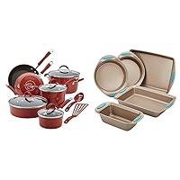 Rachael Ray Cucina Nonstick Cookware Pots and Pans Set, 12 Piece, Cranberry Red & Cucina Bakeware Set Includes Nonstick Bread Baking Cookie Sheet and Cake Pans, 5 Piece