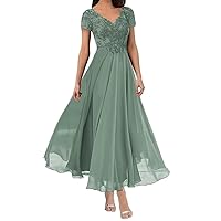 Mother of The Bride Dresses Tea Length Cap Sleeves Formal Party Gowns Chiffon for Women