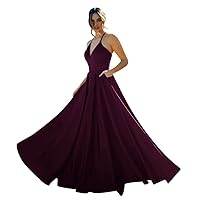 Satin Prom Dresses for Women Party Long V Neck A Line Sleeveless Formal Evening Dress with Pockets
