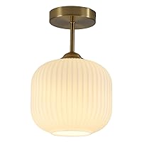 1-Light Industrial Semi Flush Mount Ceiling Light Modern Farmhouse Hallway Gold Ceiling Light Fixture with White Milk Glass Shade Close to Ceiling Light for Kitchen Entryway Laundry E26