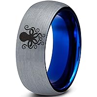 Octopus Squid Sea Creature Ring - Tungsten Band 8mm - Men - Women - 18k Rose Gold Step Bevel Edge - Yellow - Grey - Blue - Black - Brushed - Polished - Wedding - Gift Dome Flat